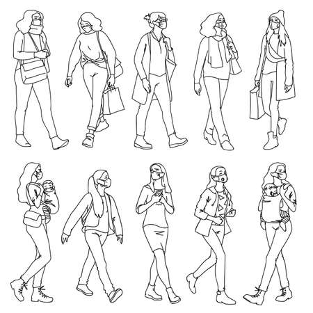 People in medical masks. Vector illustration of masked women set in linear style isolated on white background. Respiratory protection. Facial tissue to prevent diseases, flu, pollution. Woman walking.のイラスト素材