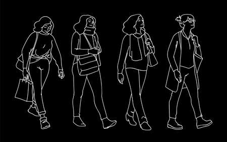 Set of women taking a walk. Concept. Monochrome vector illustration of women of different ages walking in simple line art style. White lines isolated on black background. Hand drawn sketch.のイラスト素材