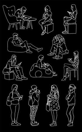 Set of women in different poses. Monochrome vector illustration of women standing and sitting in simple line art style. White lines isolated on black background. Hand drawn sketch.のイラスト素材