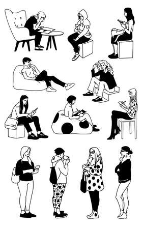 Set of women standing and sitting. Concept. Monochrome vector illustration of women in different poses in simple line art style. Hand drawn sketch isolated on white background.のイラスト素材