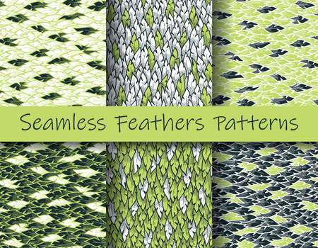 Plumage patterns set. Green, white, dark. Colorful illustration of seamless feathers patterns in modern hand drawn style. Element for your design, textile, wrapping, wallpaper, decoration.のイラスト素材