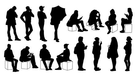 Set of young and adult men and women standing and sitting. Monochrome vector illustration of silhouettes of people in different poses. Stencil. Black silhouettes isolated on white background.のイラスト素材