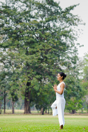 Beautiful woman practicing yoga in the park,Tree Posture,Vriksasanaの写真素材