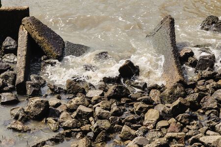 The old tree root and rock protect the water waveの写真素材