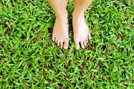 Man feet stand on green grass backgroundの写真素材