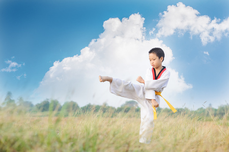 Asian boy practice taekwondo on the fieldの写真素材