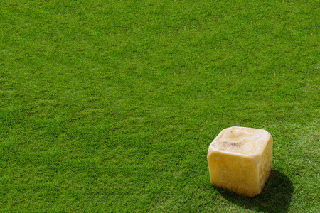 Grunge Fake rock made from plastic on grass lawn under strong sunlight hard shadowの写真素材