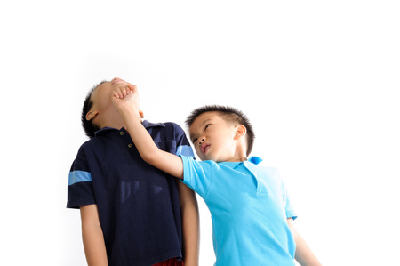 Boys are brother punch and fighting on white background