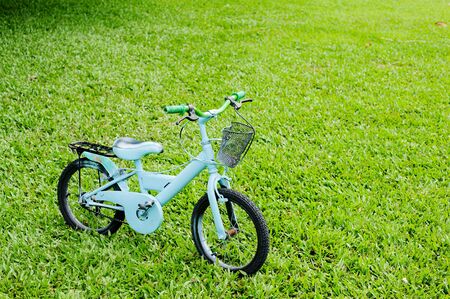 Old and vintage little bicycle on green grass in the park during summer timeの写真素材