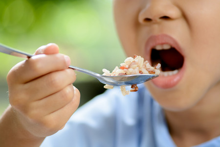 Thin focus on young Thai boy eating organic red rice with high zinc by stainless spoon on green bokeh background. Rice is a major consumption of Thai people.の写真素材
