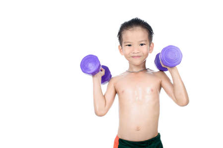 Strong man arm lift violet dumbell, exercise in gym. Isolated on white backgroundの写真素材