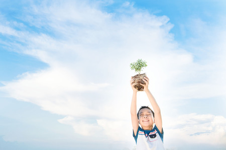Warm tone, young asian boy lift little plant to the sky. Earth day conceptの写真素材
