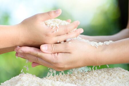 Close up white Jasmine rice variety is Thailand major variety for consumption good smell and delicious in young mother and kid hand. Selective focus in hand and blur face.の写真素材
