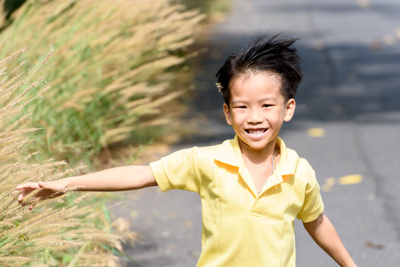 Young asian boy walk on the road play and touch grass flower in summer time.の写真素材