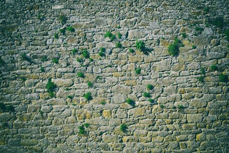 Vintage color tone and vignetted effect. Old stone wall backgroundの写真素材