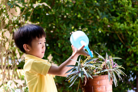 Young Thai boy spray water to the plant in his garden at home. Earth day concept.の写真素材