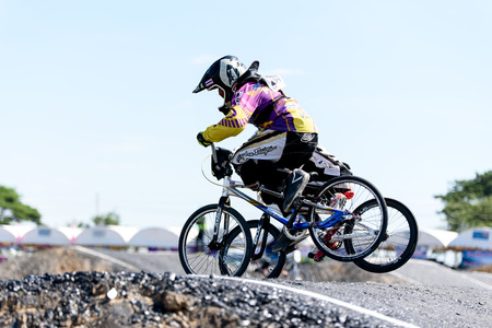 SUPHANBURI, THAILAND - NOVEMBER 27: Unidentified young children bicycle racer at BMX Thailand Open 2016 and Suphanburi Challenge on November 27, 2016 in Suphanburi, Thailand.のeditorial素材