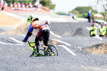 SUPHANBURI, THAILAND - NOVEMBER 27: Unidentified young children bicycle racer at BMX Thailand Open 2016 and Suphanburi Challenge on November 27, 2016 in Suphanburi, Thailand.のeditorial素材