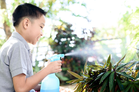 Young Thai boy spray water to the plant in his garden at home. Earth day concept.