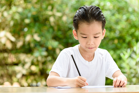 Young Asian boy write on the note book by color pencil in the gardenの写真素材