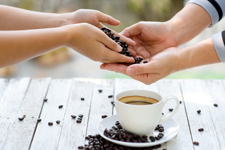 Selective focus a coffee bean in young kid and adult hands.の写真素材