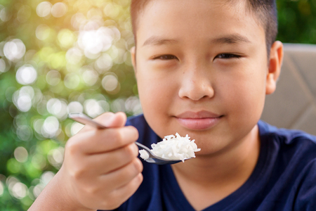 Young Thai boy eating organic white rice by stainless spoon on green bokeh background from tree. Rice is a major consumption of Thai people.の写真素材