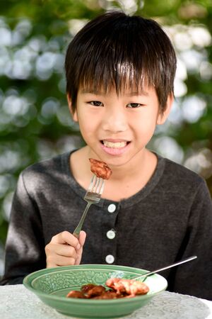 Young Asian boy eating fried chicken in a home gardenの写真素材