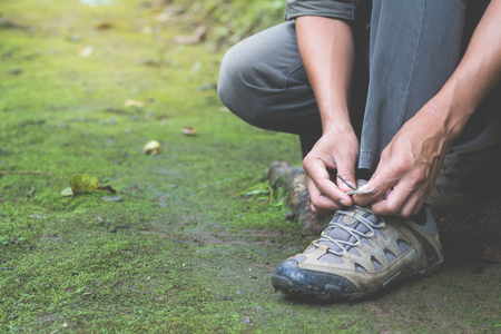 Shoes Man walking on a forest path  and lifestyle hiking. concept Travel hiking.の写真素材