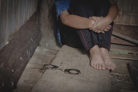 Stop violence against children and anti-trafficking concept, violence, terrified , A fearful child. Stop abusing violence, terrified,の写真素材