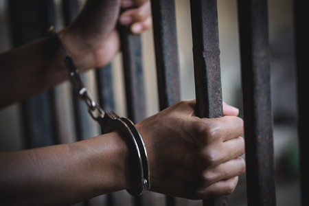 The slave girl was handcuffed and kept in a cage. Women violence and abused concept,  human...