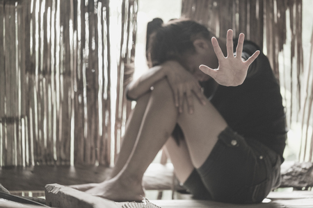 Woman bondage in angle of abandoned building  , stop violence against Women, international women's dayの写真素材