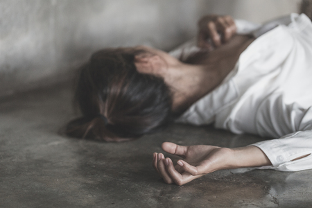 Stop violence against and sexual abuse women,  domestic violence, anti-trafficking and stopping violence against women, Slave girl with bruises and wound domestic violence rape.の写真素材