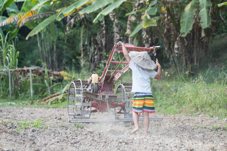 Child labor, Poor children driving a plow farming area, Children have to work because of poverty, Agriculture, World Day Against Child Labour concept.の写真素材