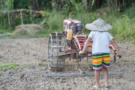 Child labor, Poor children driving a plow farming area, Children have to work because of poverty, World Day Against Child Labour concept.の写真素材