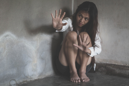 Women lift the palm,Stop sexual abuse , anti-trafficking and stopping violence against women, International Women's Dayの写真素材