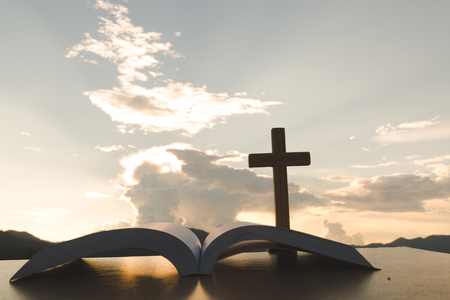 open Bible, script in blur with focus on palm cross,on sunrise background, Crucifix, Symbol of Faith.の写真素材
