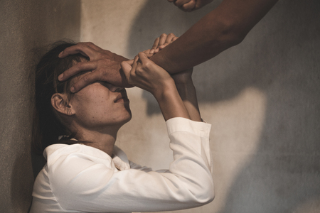 Husband assaulted his wife severely, The concept of violence against women and domestic violence.の写真素材