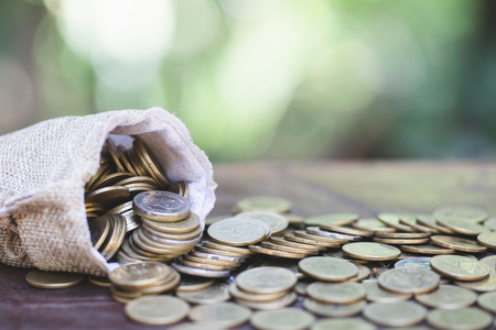 coins on open full bag  on wooden table with nature background,  Money savings, Investment, growing...