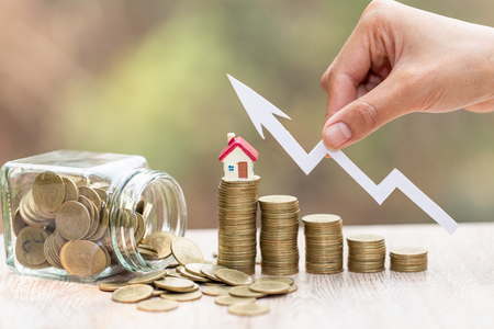 coins money setting growth up increase to house model for concept investment mortgage finance and home loan business, business, innovation, growth and moneyの写真素材