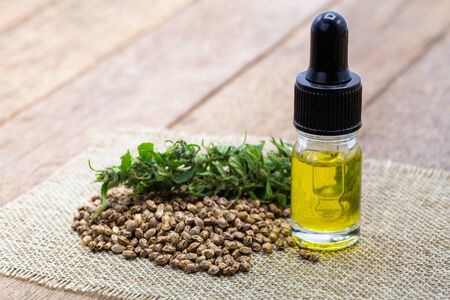 Hemp  seeds and CBD oil cannabis extract, green hemp leaf background, Medical cannabis concept.の写真素材