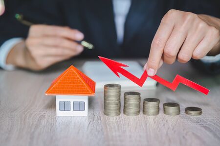 coins money setting growth up increase to house model for concept investment mortgage finance and home loan business, business, innovation, growth and moneyの写真素材
