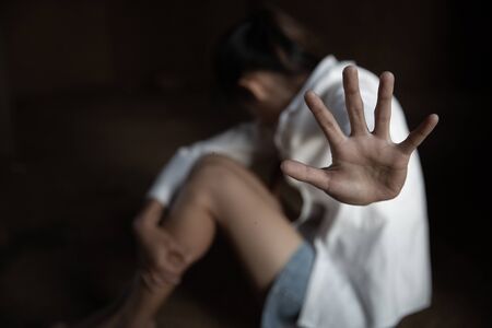 woman raised her hand for dissuade, Stop Sexual abuse and rape Concept, stop violence against Women,...
