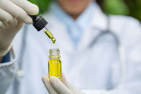 Doctor hand holding bottle of Cannabis oil in pipette,   marijuana alternative herbal medicine concept. CBD Cannabis Oil  of researchers.の写真素材