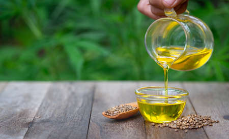 Hand  Pouring hemp oil into a bowl  on a green marijuana leaf background. medical marijuana concept, CBD cannabis OIL, closeupの写真素材