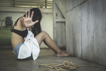 woman hand show stop sign, Stop harassment and abuse in relationship.の写真素材