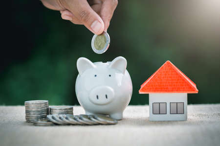Female hand putting a coin into piggy bank, concept of saving money for house, Savings money for buy...