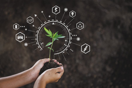 Hand holding seedlings with environment icons over the Network connection on nature background, Technology ecology concept.の写真素材