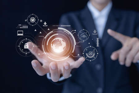 Business global internet connection application technology and digital marketing,  woman Hand holding virtual Global Internet connection metaverse. Presenting wireless technologies. Mixed media.の写真素材
