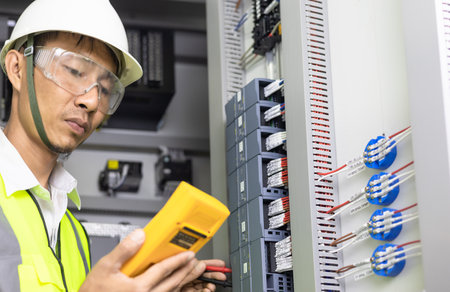 A male electrician works in a switchboard,  Electrical terminal box. Control panel with magnetic...