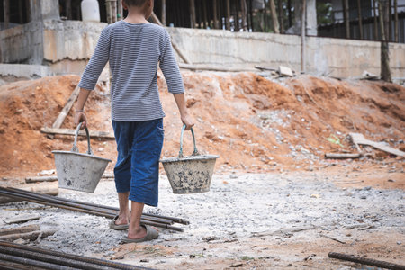 Poor children are forced to work construction, Violence children and trafficking concept,Anti-child...